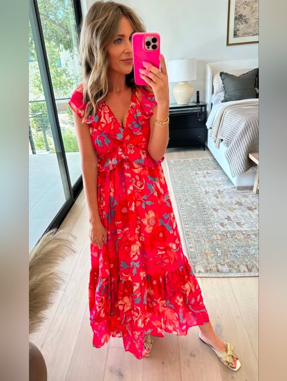 Flying Tomato Bright Red Floral Maxi Dress with Blue Accents